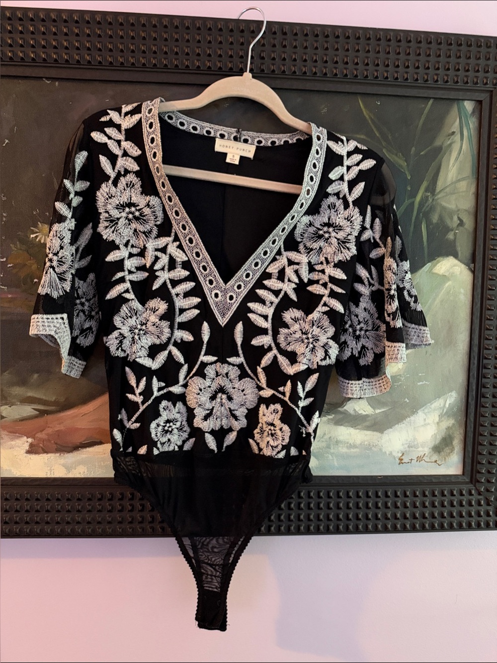 Honey Punch Black Bodysuit with White Floral Embroidery